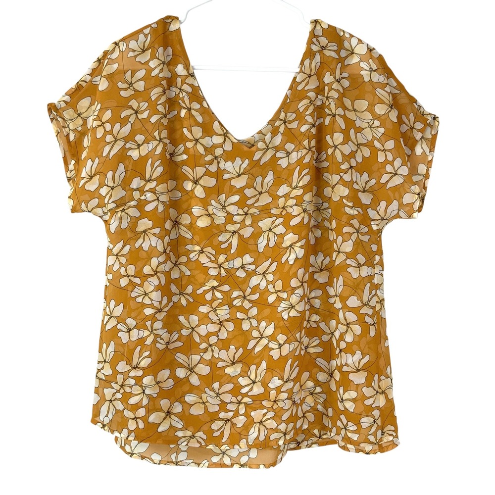 Cabi Mustard Yellow Floral Chiffon Blouse S Pullover V-Neck Short Sleeve Airy